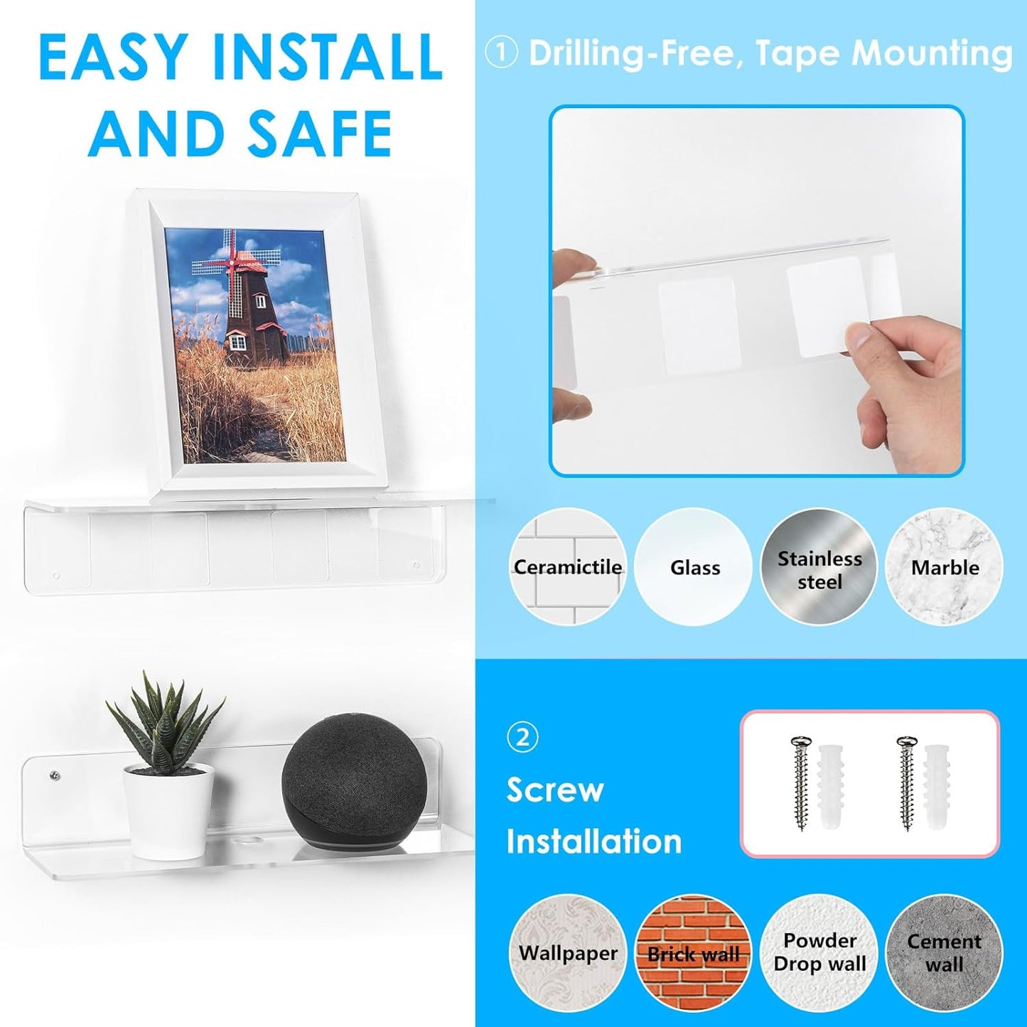 OAPRIRE Clear Acrylic Floating Shelves Set of 2 - Easily Expand Wall Space - 12 Inch Small Wall Shelf with Strong Adhesive for Bathroom, Bedroom, etc