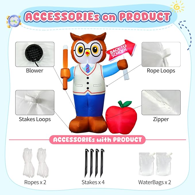DomKom 5FT Back to School Inflatable Professor Owl with LED Lights, Blow Up Yard Decor with Apple & Pencil, Waterproof Lawn Ornament for First Day School, Classroom Welcome & Graduation Party