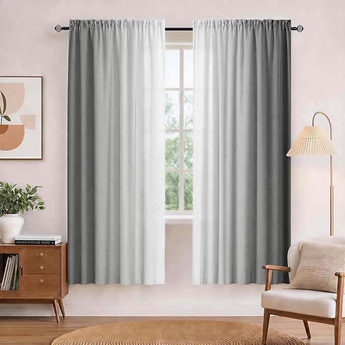 Grey and Grayish White Curtains for Living Room 63 Inch Length Ombre Curtains 2 Panel Bedroom Gray Curtains Rod Pocket Light Filtering Window Curtain Modern Gradient Drapes