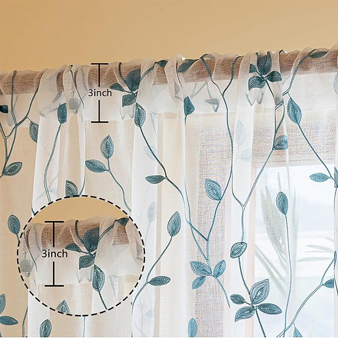 AmHoo 2 Panels Embroidered Leaf Pattern Semi Sheer Curtains Foliage Floral Voile Window Draperies Treatment for Bedroom Living Room Rod Pocket White Teal 53 x 63 Inch
