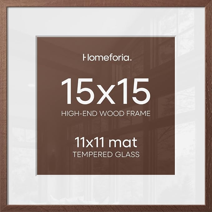 Homeforia 15x15 Picture Frame Brown, High End Dark Oak 15 x 15 Square Wood Frame with Mat 11 x 11 for Photo, 15by15 Wooden Walnut Poster Frame Matted to 11x11 Print, Tempered Glass, Wall Kit, Set of 1