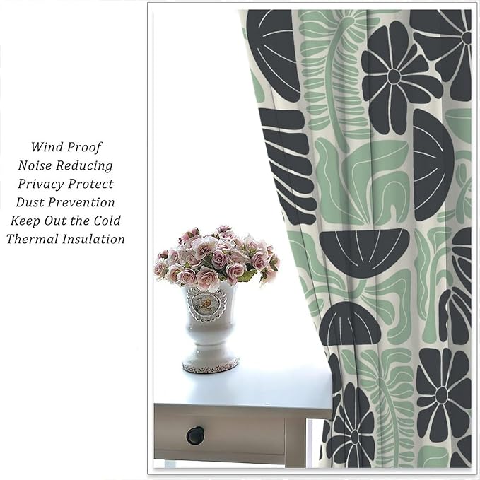 JESTRONRY Mid Century Boho Curtains, Modern Abstract Abstract Geometric Green Floral Pattern Print Blackout Window Door Curtains for Bedroom Living Room Home Decor 63x63in