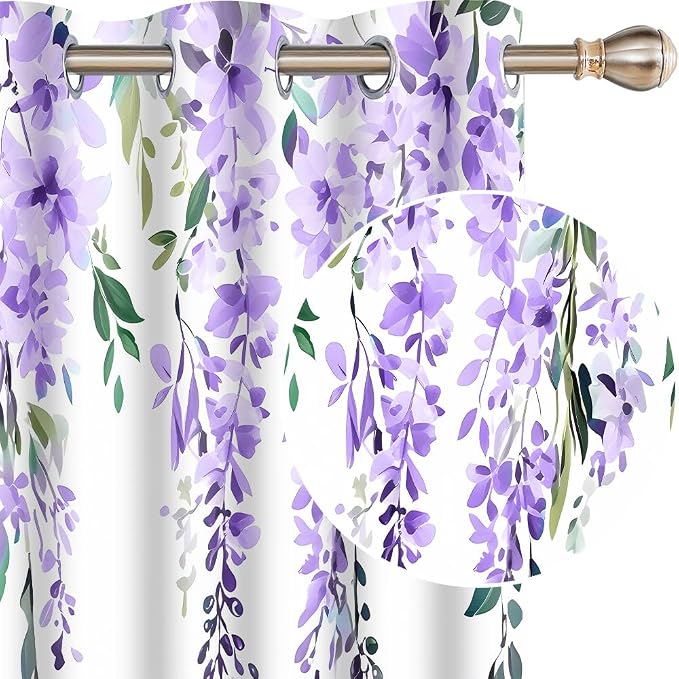 Purple Watercolor Floral Blackout Curtains 42x84 Inch 2 Panels | Botanical Leaves Vine Flowers, Rustic Farmhouse, Blackout Window Treatment, For Bedroom Living Room