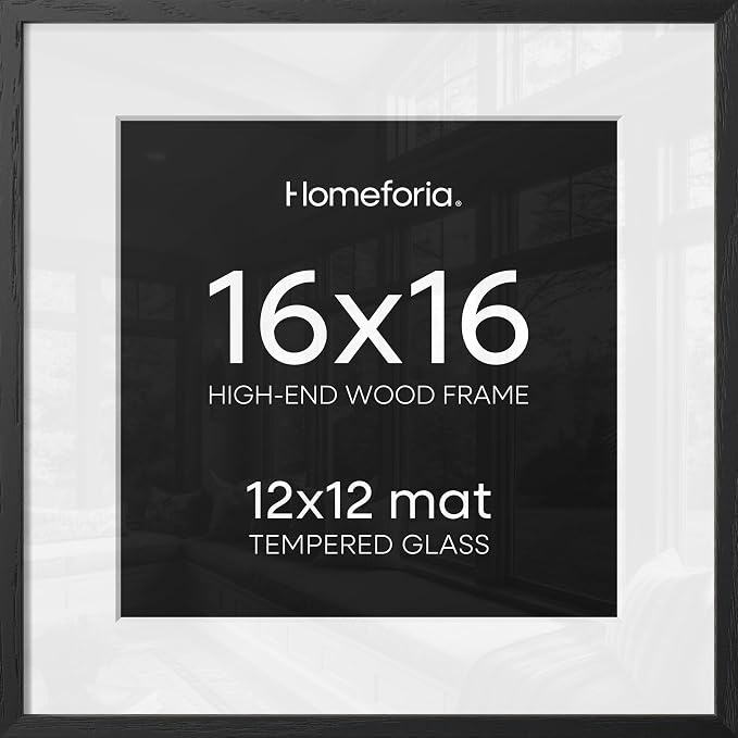 Homeforia 16x16 Black Wood Frame, High End Oak 16 x 16 Square Picture Frames with Mat 12 by 12 inches Photo, 16by16 Black Wooden Poster Frames Matted to 12x12 Print, Tempered Glass, Wall Kit, Set of 3