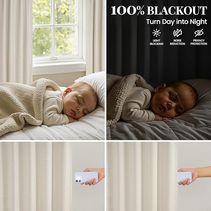Topfinel 100% Blackout Natural Linen Rod Pocket & Back Tab Drapes for Bedroom, 92 Inch Long Cream Beige Panels for Sliding Glass Doors, Farmhouse Aesthetic Window Drapery, Cream Beige 52" W*92" L
