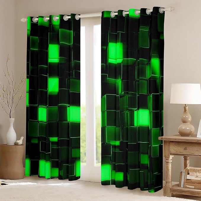 Castle Fairy 3D Green Block Window Curtain | Video Games Window Drapes for Girls Bedroom Decor,Miners Gaming Blackout Curtains Pixel Geometric Grid Living Room Top 2 Panels,42Wx84L