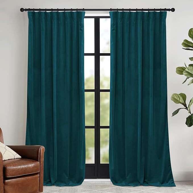 RYB HOME Teal Blue Velvet Curtains for Bedroom Living Room, Thermal Insulated Privacy UV Heat Blocking Luxurious Drapes for Nursery Dining Room, 52"W x 108"L, 2 Panels, Rod Pocket/Back Tab/Hook Belt