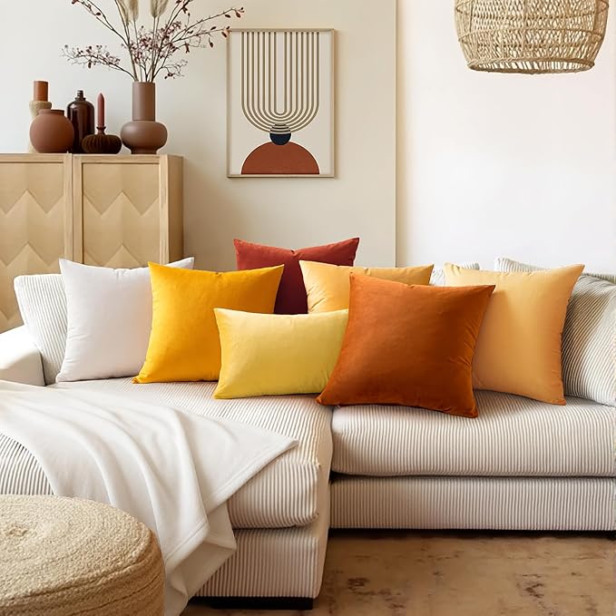 MIULEE Velvet Throw Pillow Covers 12x12 Inch, Pack of 2 - Orange, Soft Solid Small Fall Decorative Pillow Covers Modern Luxury Home Decor for Couch Chair Sofa Bedroom Livingroom Car