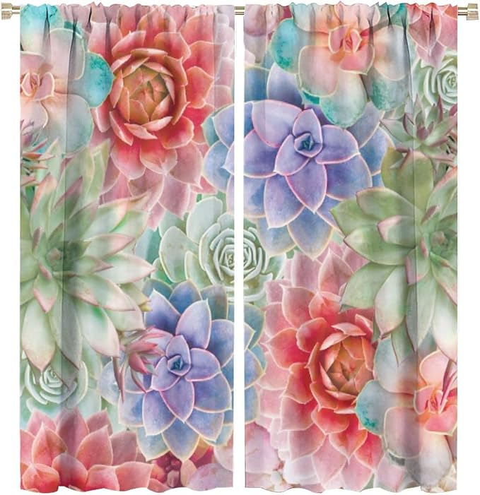 Boho Cactus Floral Curtain Tropical Colorful Succulent Plants Beautiful Flower Retro for Home Kitchen Restaurant Decoration Drapes 2 Panels 63x72in
