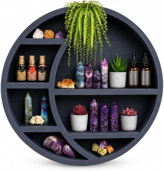 Wooden Crescent Moon Shelf - Boho Wall Decor Crystal Display Shelf for Bedroom, Dorm & Nursery | Crystal Holder for Essential Oils, Witchy & Moon Phase Decor | 14x14x3.5 | Paulownia Wood