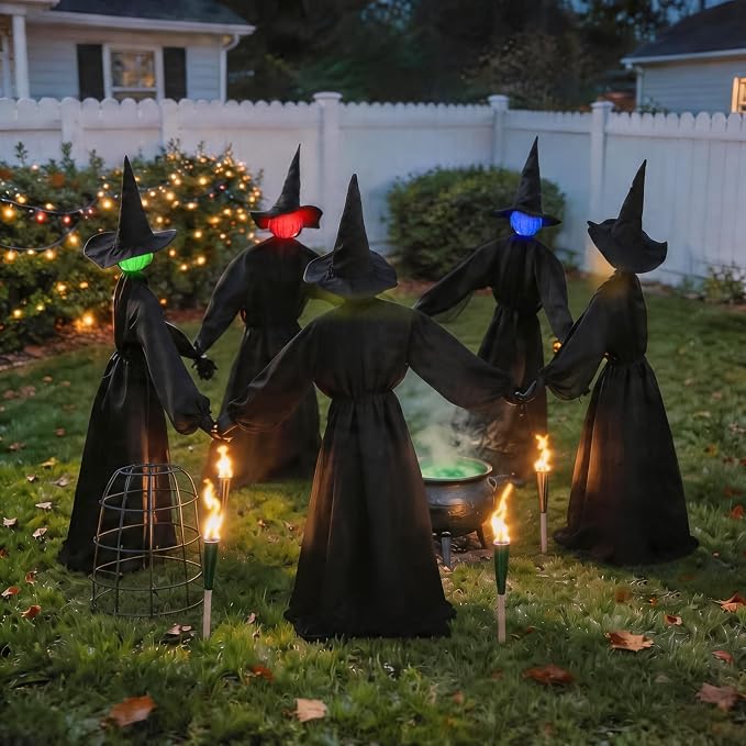 Halloween Decorations Outdoor - 5 Pack 4.3 FT Light Up Holding Hands Witches with Color Changing Glowing Faces - Halloween Witch Decor with Stake for Yard Lawn Garden Porch Haunted House Decor