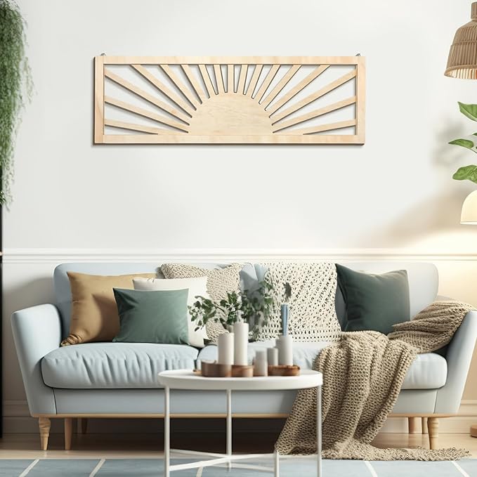 Burbell Sun Wall Art Decor 35'' x 12'' Large Boho Sun Wall Decor Wooden Horizontal Vintage Bohemian Hanging Rectangle Panoramic Above Bed Decoration for Bedroom Home(Wood Color)
