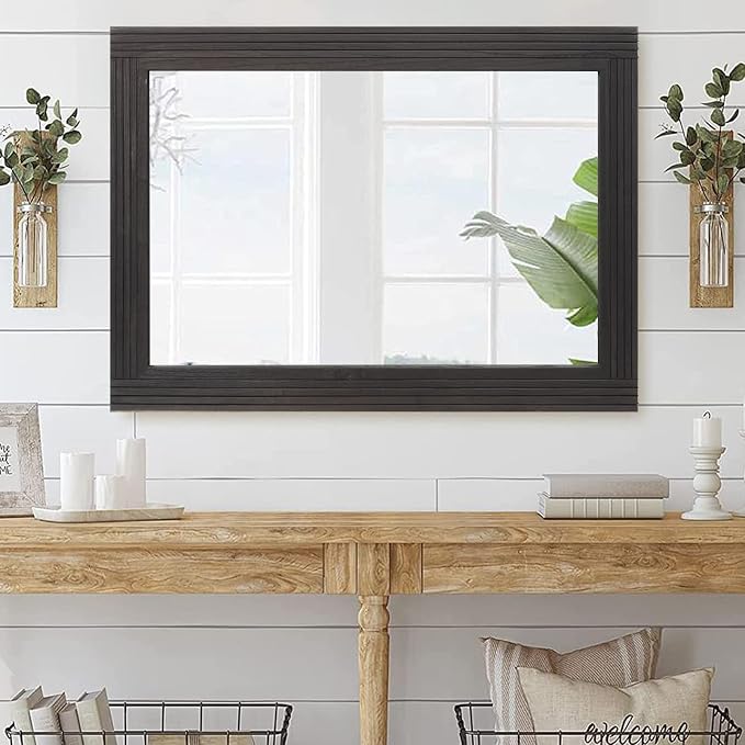 YOSHOOT Hand-Made Wooden Spliced Wall Mirror for Bathroom, Rustic Farmhouse Vanity Mirror, Décor Wall Art, Solid Wood Frame, Vertical or Horizontal Hanging, 60" x 36", Black