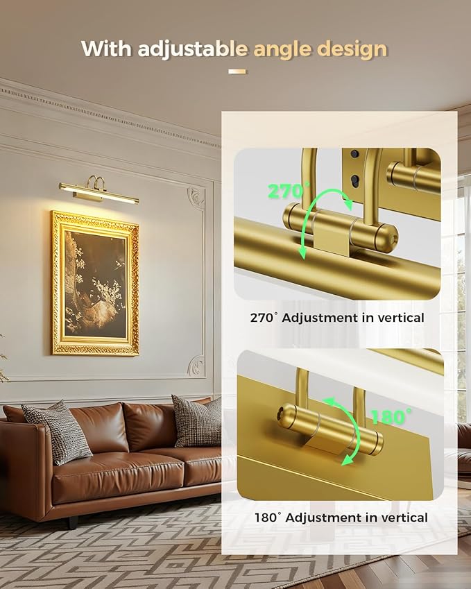 Battery Operated Picture Light with Remote, 15.7″ Wireless Wall Light for Artwork & Frames, Rechargeable LED Gallery Lamp, Dimmable with Timer, Adjustable Metal Design, Electroplated Gold Finish