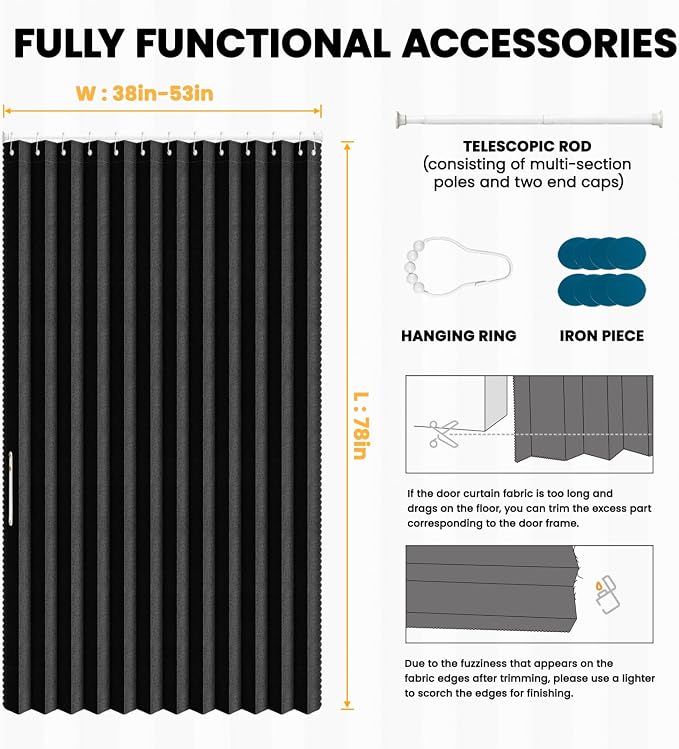 AJAZZ Set: Curtain Rods No Drilling (38-53" W Adjustable Range) & Accordion Door Curtain, Black 53W×78" L, Accordion Doors for Closet Doorway Room Divider