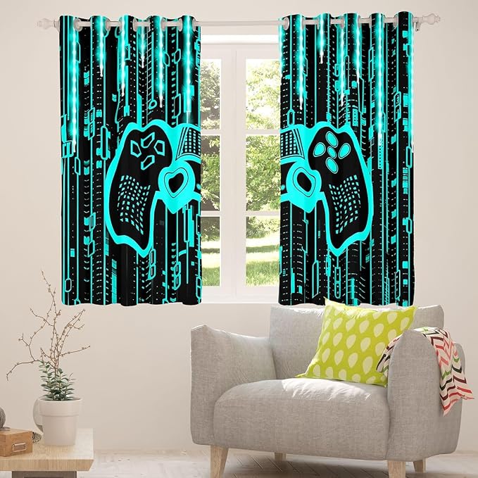 Feelyou Kids Boys Blue Gamer Window Curtains Gamer Darkening Drapes Light 3D Gaming Blackout Curtains Toddler Game Room Window Treatments Gamepad (2 Panels, 42 x 63 Inch)