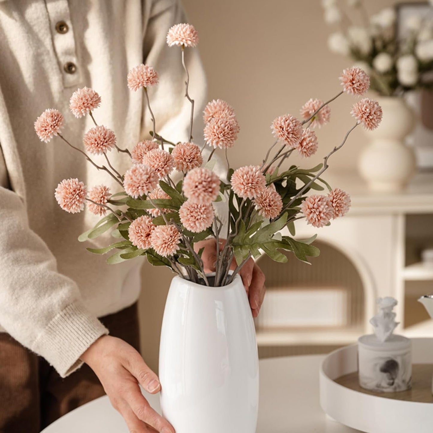 Faux Pink Kiku Flower, 10 Stems with 5 Heads Each & 4 Branches Eucalyptus Stems, Artificial Small Mini Chrysanthemum Flowers for Aesthetic Room Decor, Floral Arrangements Centerpiece