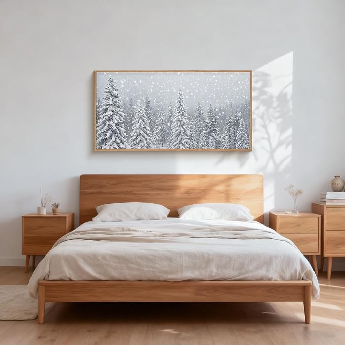 Snowy Christmas Tree Natural Woodland Framed Canvas Wall Art Set,Modern Rustic Winter Snow Covered Pine Forest Wall Decor,Wilderness Frosty Landscape Artwork for Xmas Room,Farmhouse- 40"x20"x1