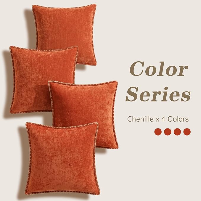 decorUhome Set of 4 Throw Pillow Covers 18x18 Inch Decorative Soft Chenille Pillow Covers Farmhouse Neutral Cushion Covers with Stitched Edge for Couch Sofa Bed Living Room, Burnt Orange