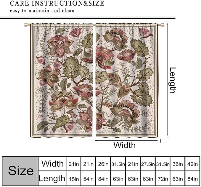 Vintage Floral Blackout Curtains, Bohemian Plant and Leaf Print, Blackout and Insulated Curtains for Bedrooms, Living Rooms, and Darkrooms63X63 Inch