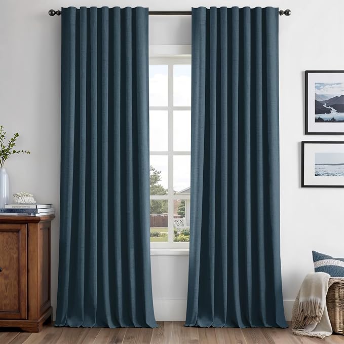 MIULEE 100% Blackout Linen Curtains for Bedroom, Navy Solid Luxury Decor Thermal Insulation Room Darkening Drapes for Living Room Back Tab Rod Pocket 42 x 96 Inches, 2 Panels