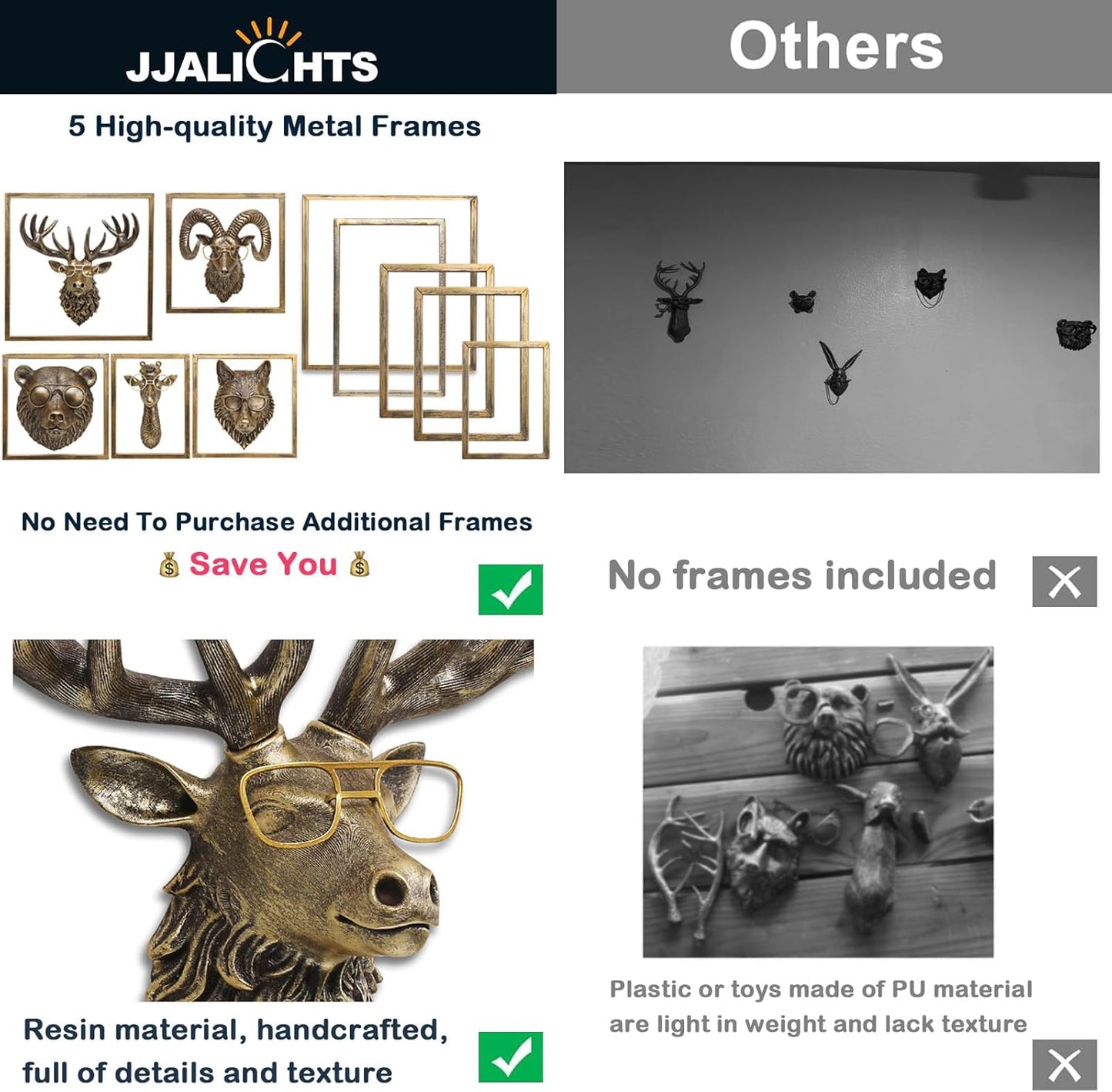 JJALIGHTS Animal Heads Wall Decor Resin Animals Sculptures Head Wall Hanging Decoration Imitation Copper vintage Wall Sculpture for Living Room Bedroom Office(5pcs,Includes Metal Frame)