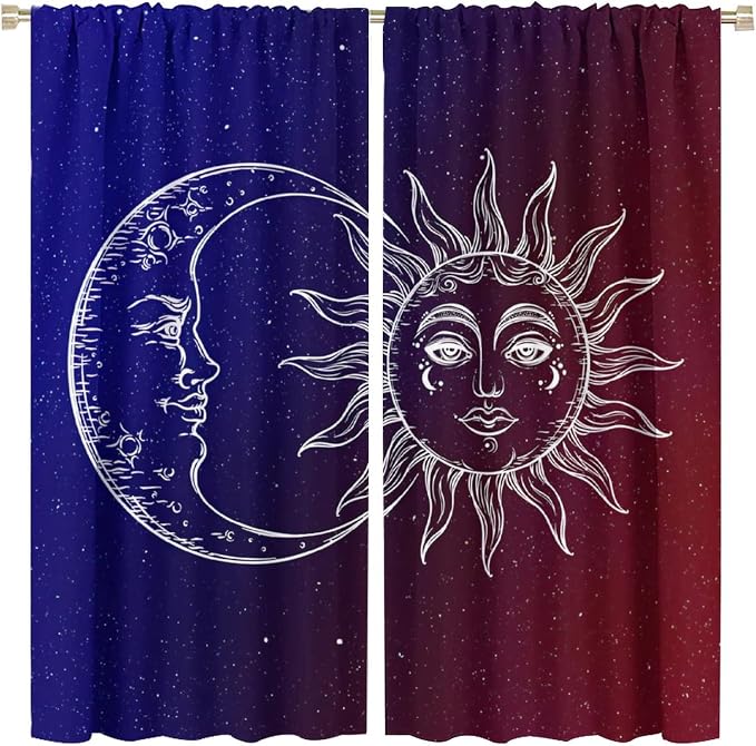 Sun Moon Blackout Windows Curtains, Burning Sun Moon Red Blue Cosmic Galaxy Bohemian Curtains, for Living Room Bedroom 84x84in 2 Panels