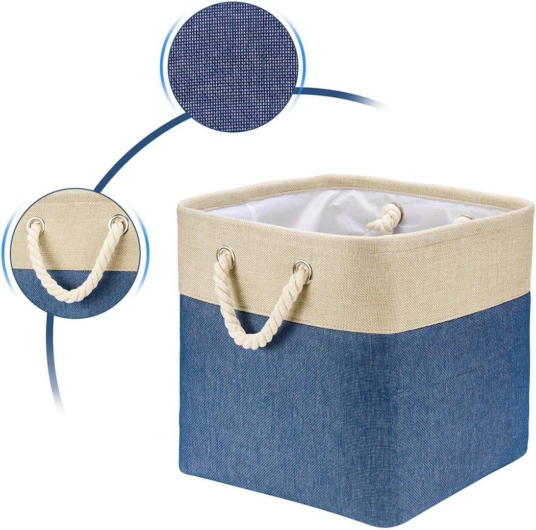 i BKGOO 3Pack Large Foldable Storage Bins，Collapsible Sturdy Cationic Fabric Organizing Storage Basket Cube with Cotton Handles for Home Office Shelf Clothes Toys Khaki-Blue 13×13×13 inch