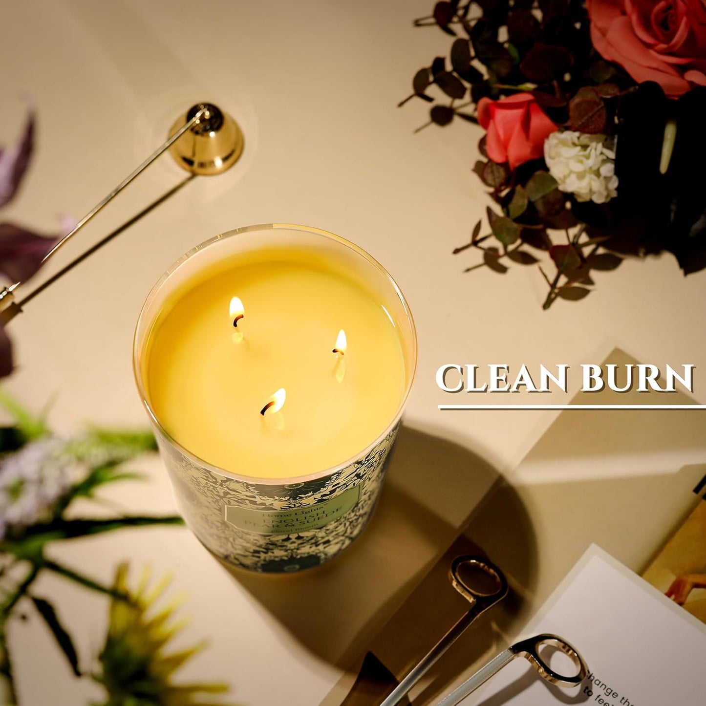 HomeLights Soy Wax Candles for Home Scented, 3-Wick Candles in English Pear & Suede Scented, Bohemian Natural Textures Aromatherapy Candles Gift for Parties, Relaxing, 34oz