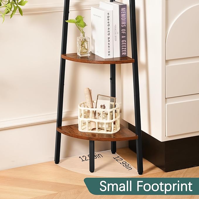 Yoobure 4‑Tier Corner Shelf – Sturdy Metal Frame & Wood Ladder Bookshelf, Space‑Saving Display Shelves for Plants & Books, Easy Assembly, for Bedroom, Living Room, Office, Balcony