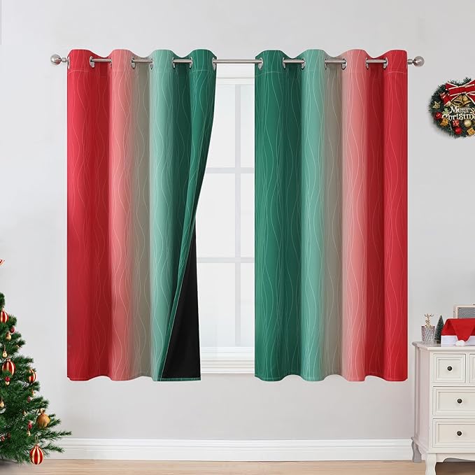 Estelar Textiler Red and Green Blackout Curtains 45 Inch Length, Full Room Darkening Ombre Drapes for Bedroom, Thermal Insulated Grommet Christmas Curtains for Basement, 52Wx45L, 2 Panels