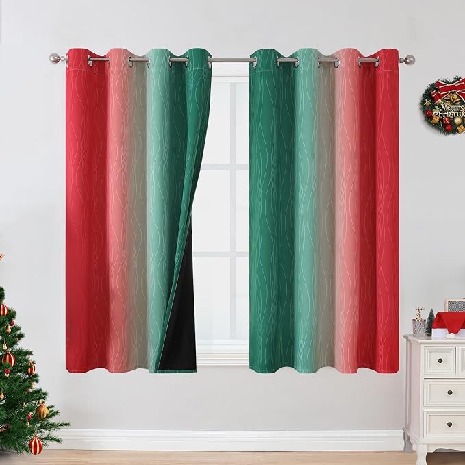 Estelar Textiler Red and Green Blackout Curtains 54 Inch Length, Full Room Darkening Gradient Grommet Drapes for Kids Room, Thermal Insulated Ombre Curtains for Bathroom, 52Wx54L, 2 Panels
