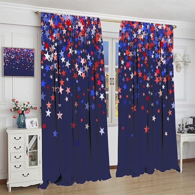4th of July Curtain,American Flag Blue Red Star Independence Day Drapes for Bedroom Living Room Kitchen Window Treatment 2 Panels Set Total Size 72" W X 63" L Inch