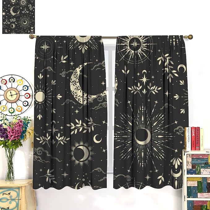 Golden Sun Moon Blackout Curtain, Bohemian Universe Sun Moon Clouds Stars Art Print Window Drapes, for Bedroom Living Room 42" W X 63" L