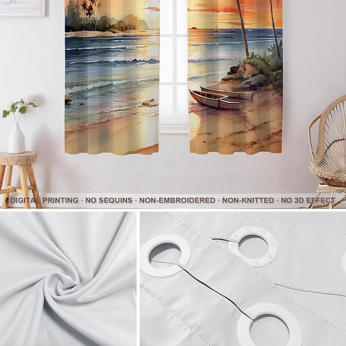 Shrahala Sunset Beach Thermal Insulated Blackout Window Curtains, Tropical Seaside Scene Long Drapes for Bedroom/Living Room with Plastic Grommet, 52X63 Set of 2