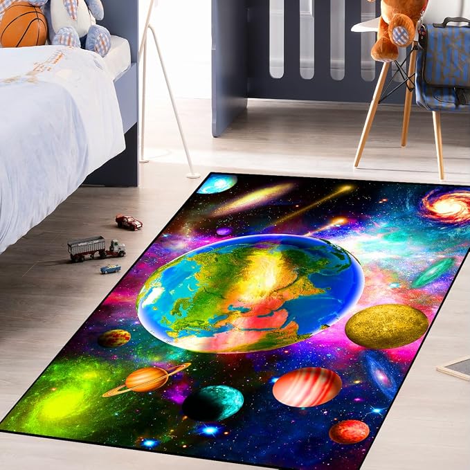 Solar System Rug - Space Rug Galaxy Area Rugs for Kids Bedroom Colorful Universe Planet Print Carpet Outer Space Floor Mat Kids Rugs for Living Room,4'5''×6'