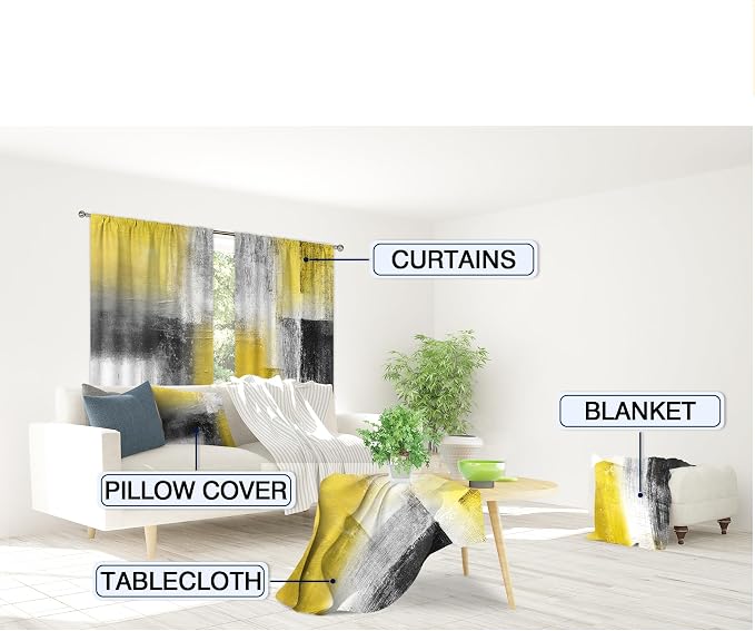 MESHELLY Yellow Grey Curtains 42Wx63H Inch Rod Pocket Abstract Geometric Square Watercolor Blocks Contemporary Oil Paint Bedroom Window Drapes Colorful Aesthetic Printed Living Room Window Treatment