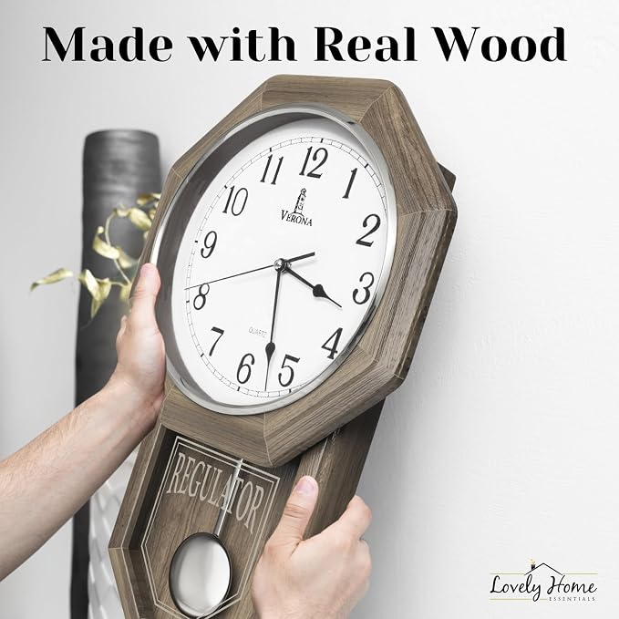 Pendulum Wall Clock - Real Wood Regulator Clock - Rustic, Farmhouse Schoolhouse Design - Quiet, Non-Chiming, Wooden & Battery Operated - Decorative Grey Ash Decor for Living Room, Home, Office 18x11