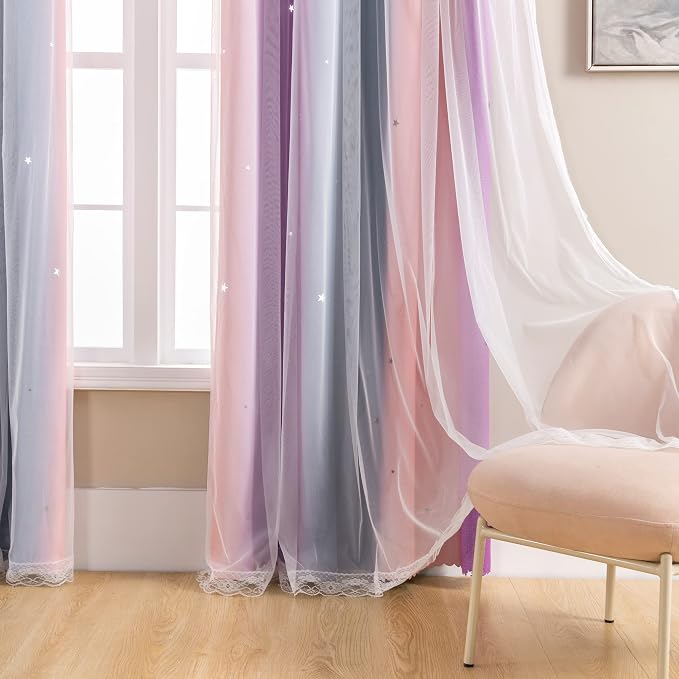 XiDi Curtains for Bedroom Decor, Rainbow GreyPinkPu-52-90