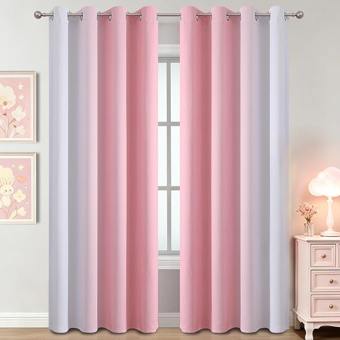 Estelar Textiler Pink and Greyish White Ombre Blackout Curtains 84 Inch Long for Kids Bedroom, Room Darkening Thermal Insulated Grommet Gradient Window Drapes for Living Room/Nursery, 52Wx84L,2 Panels