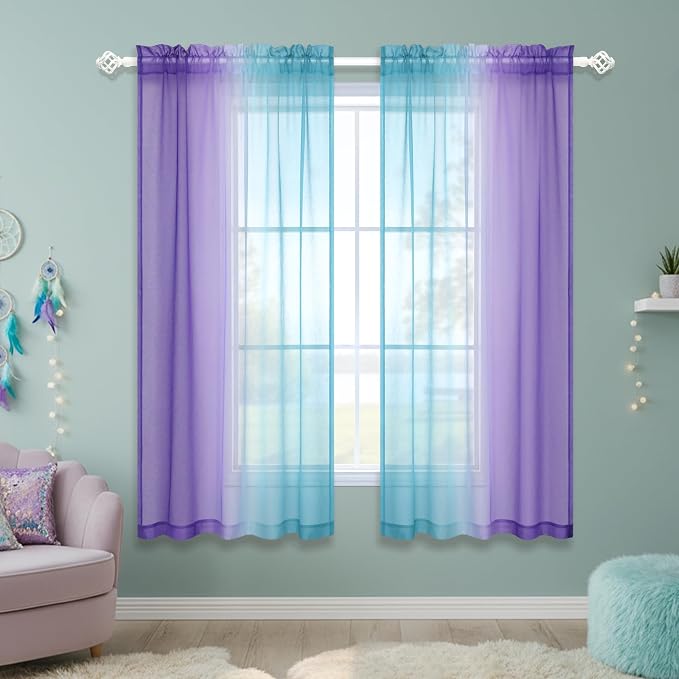 KOUFALL Teal Purple Curtains 63 Inch Length for Girls Room Decor Set 2 Panel Pocket Window Ombre Design Sheer Cute Princess Curtains for Kids Bedroom Decor Teen Little Baby Nursery Lilac Turquoise