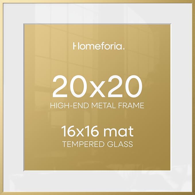 Homeforia 20x20 Picture Frame Gold, High End Metal 20 x 20 Square Poster Frame with Mat 16 x 16 Photo, 20x20 Frame Matted to 16x16 Print, 20by20 Gold Hanging Frames, Tempered Glass, Wall Kit, Set of 3