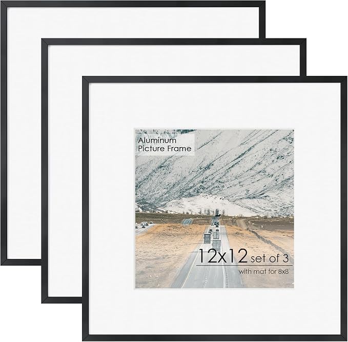 FLYJOE 12x12 Frame - Metal Square Picture Frame With Plexiglass 12x12 Frame With Mat for 8x8 Minimalist Modern Poster Frame Hanging Hardware Included (Black, 3Pcs)