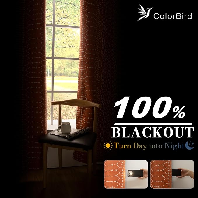 ColorBird 100% Blackout Boho Heat Sun Blocking Curtains & Drapes for Bedroom Living Room Floor to Ceiling 96 Inches Burnt Orange Patterned Decorative Thermal Curtains Dining Rustic Western Room Decor