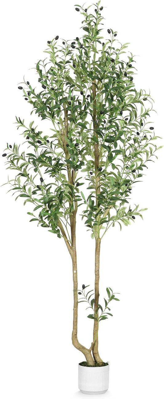 HZXGCP Olive Tree Olive 7 feet, Artificial Olive Tree with White Pot, Fake Tree with 1882 Dense Leaves & 96 High-Simulated Olive Fruits - Easy Assembly, Low Maintenance (Olive Tree 7ft)