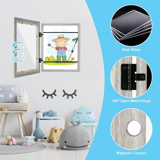 GULETHUN [2-Pack] Kids Art Frames, 9x12 Front Opening Kids Artwork Frames Changeable, Light Wooden Color Artwork Display Storage Frame for Wall, Holds 50 Pcs, for 3D Picture, Crafts, Children Drawing