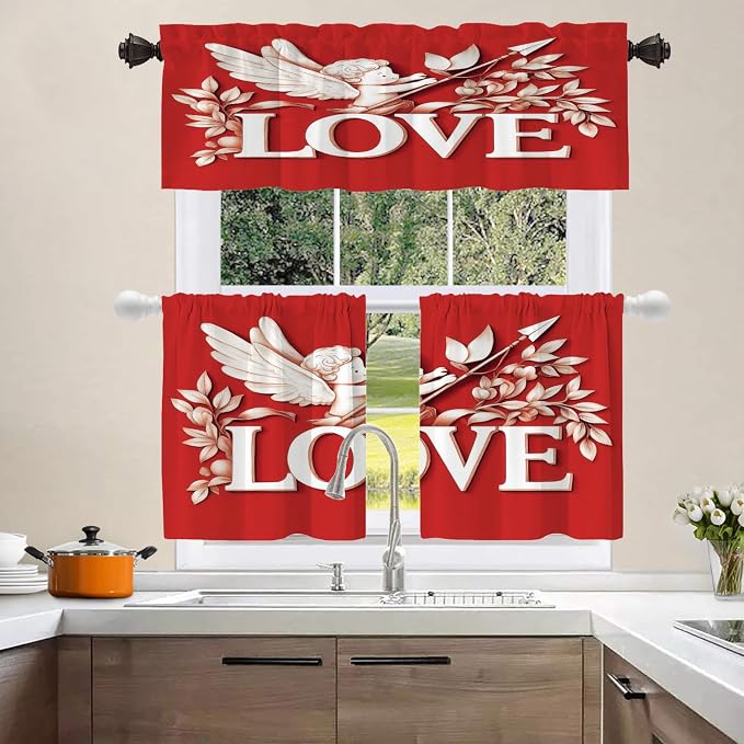 Shrahala Cupid Love Blackout Short Curtains for Windows, Romantic Love Kitchen Valance Thermal Insulated Rod Pocket Window Treatment for Bathroom 2 Pack 52 X 16 in