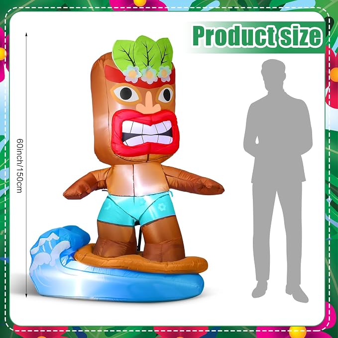 Shappy 5 ft Inflatable Tiki Surfboard Decorations Luau Hawaiian Party Decorations Summer Inflatables Outdoor LED Lighted Tiki Blow up Beach Tropical Pool Surfing Yard Party Supplies Favors