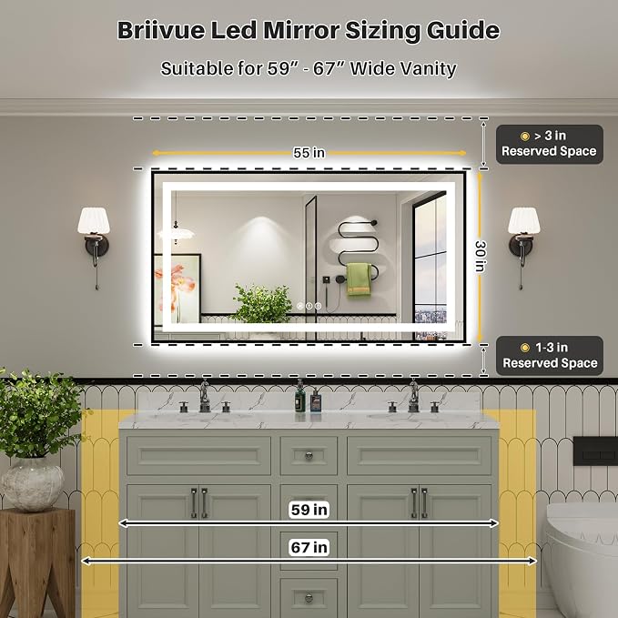 55x30 Inch LED Bathroom Mirror with Black Frame, Backlit & Front Lit, Anti-Fog Lighted Bathroom Vanity Mirror for Wall, Memory Function, Dimmable, HD Tempered Glass, Shatter-Proof