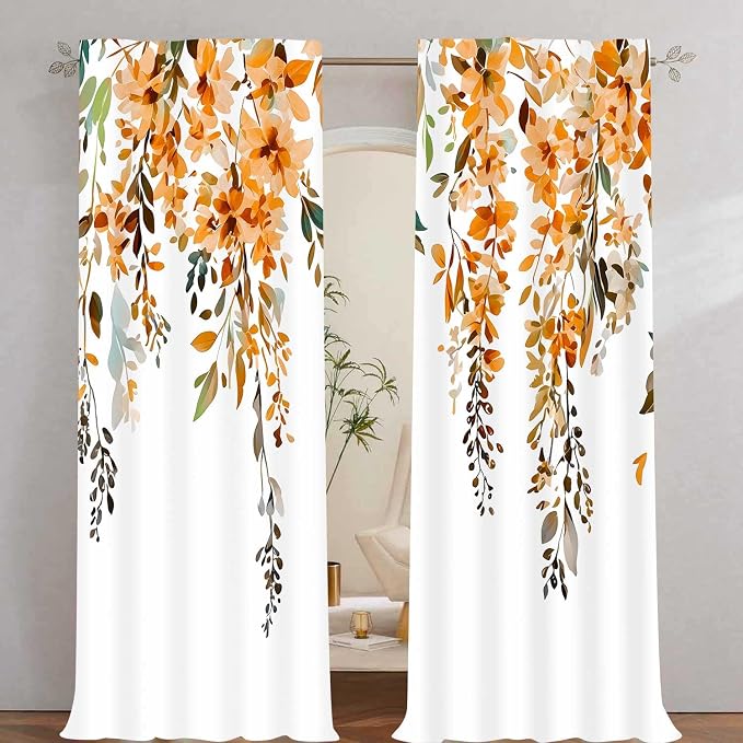 Orange Watercolor Floral Curtains, Botanical Leaves Vine Flowers Curtain, Rustic Farmhouse Flower Leaf Blackout Window Treatment Drapes for Bedroom Living Room 52x90 inch, 2 Panels
